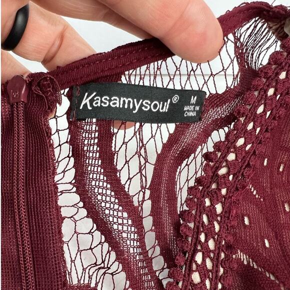 Kasamysoul Woman's Lace Embroidered Cranberry See Thru Lining Flowy Dress Medium - Picture 10 of 13